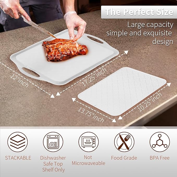 LEHAHA 17.25" x 12" Serving Trays Set of 2 White, Dinner Tray, Light Weight Easy to Clean Sturdy Stackable Melamine Serving Platter with Handle, Fruit, Snacks, and Desserts Trays.Mats Included