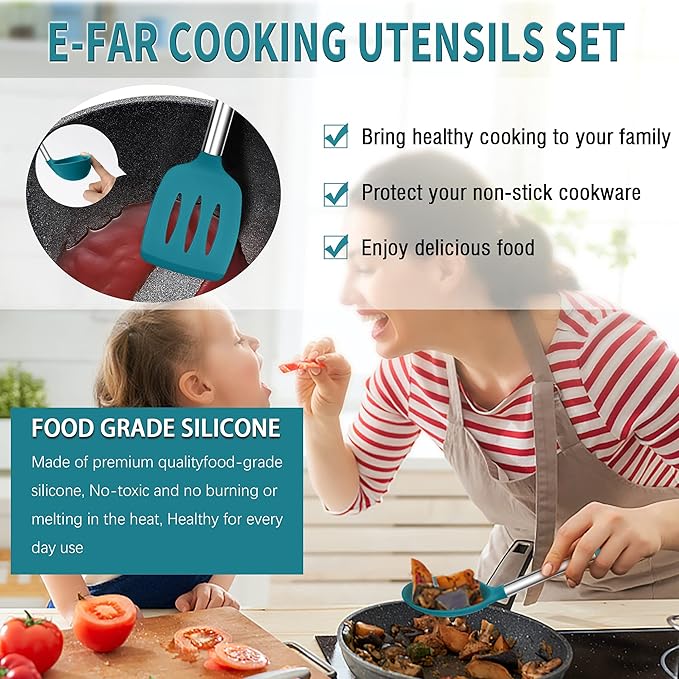 Silicone Cooking Utensils Set, E-far 14-Piece Blue Kitchen Utensils Set with Holder, Kitchen Tools Spatulas with Stainless Steel Handle for Non-stick Cookware, Heat Resistant & Dishwasher safe