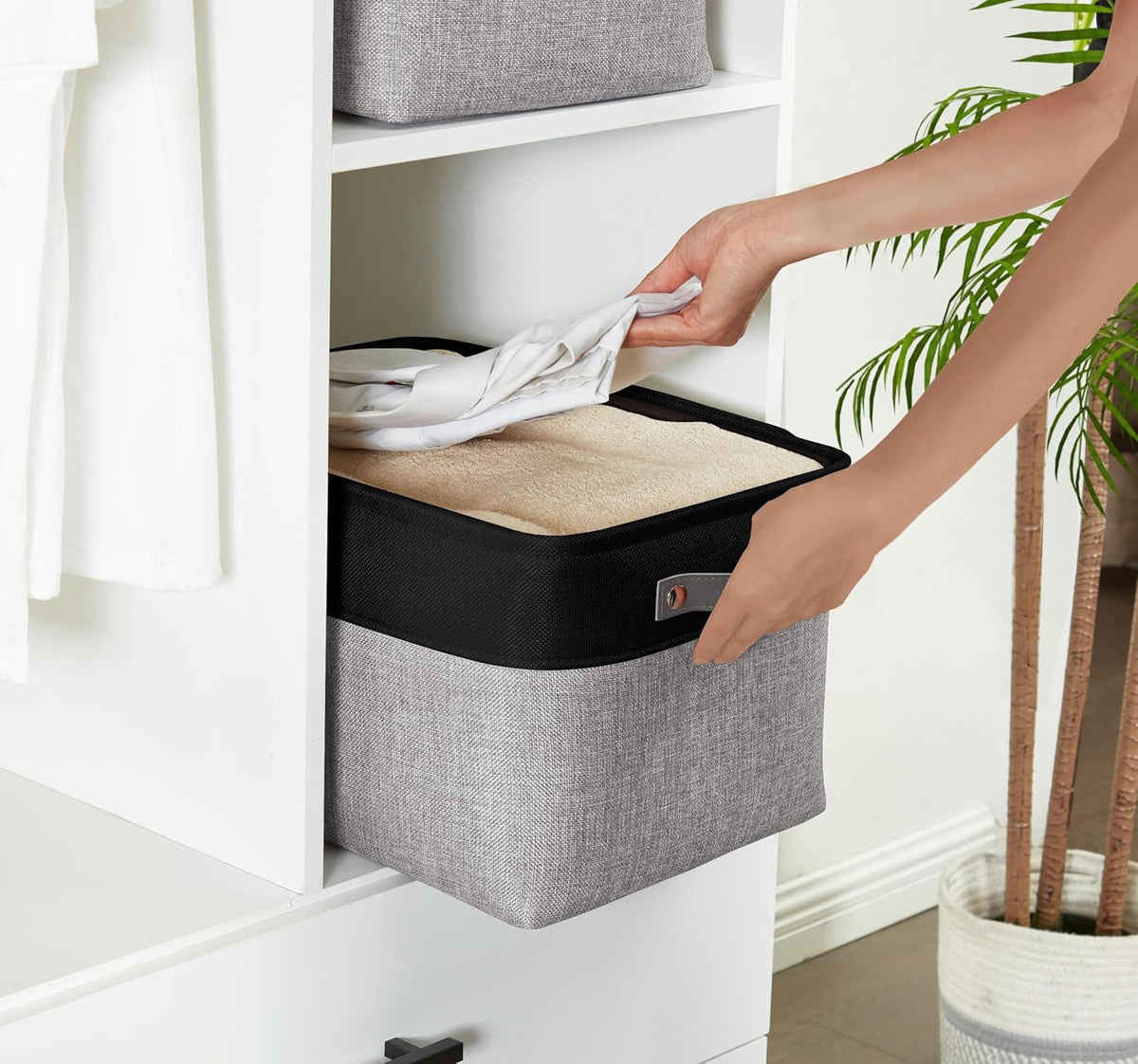 DECOMOMO Storage Baskets for Shelves - Fabric Storage Bins, Linen Closet Organizers and Storage (Grey & Black, Large - 4 Pack)