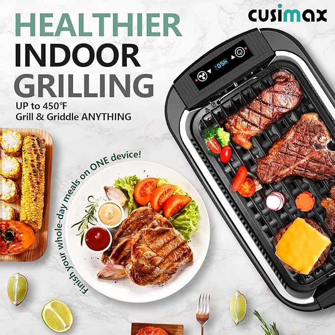 CUSIMAX Indoor Grill, Electric Smokeless Grill, 1500W Korean BBQ Grill, Electric Griddle with LED Smart Display & Tempered Glass Lid, Non-stick Removable Plate & Griddle Plate, Black