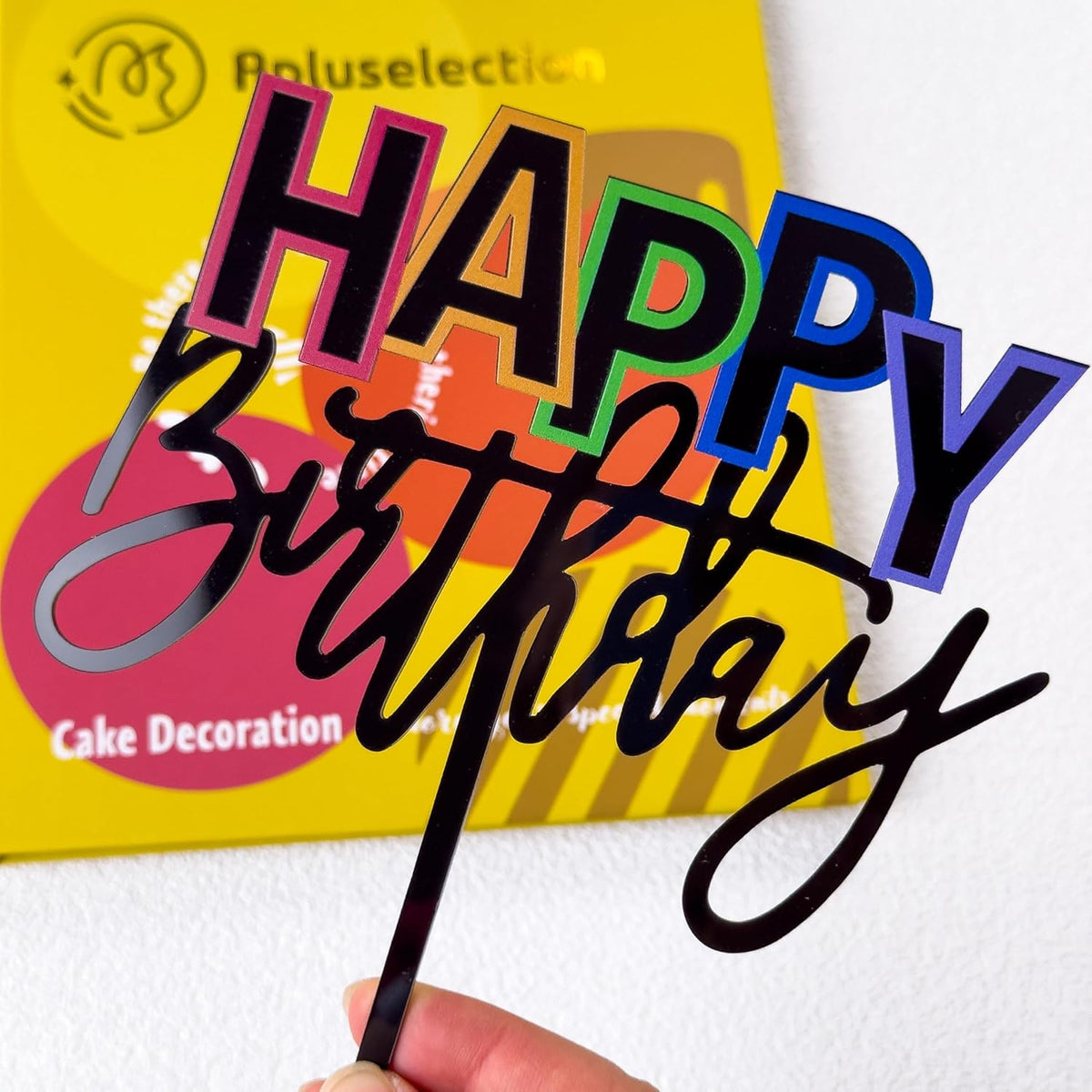 Acrylic Black Happy Birthday Cake Topper, 7.5" x 6" Rainbow Birthday Cake Decoration (Black)