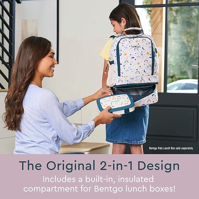 Bentgo Kids 2-in-1 Backpack & Insulated Lunch Bag - Durable 16” Backpack & Lunch Container in Unique Prints for School & Travel - Water Resistant, Padded & Large Compartments (Friendly Skies)