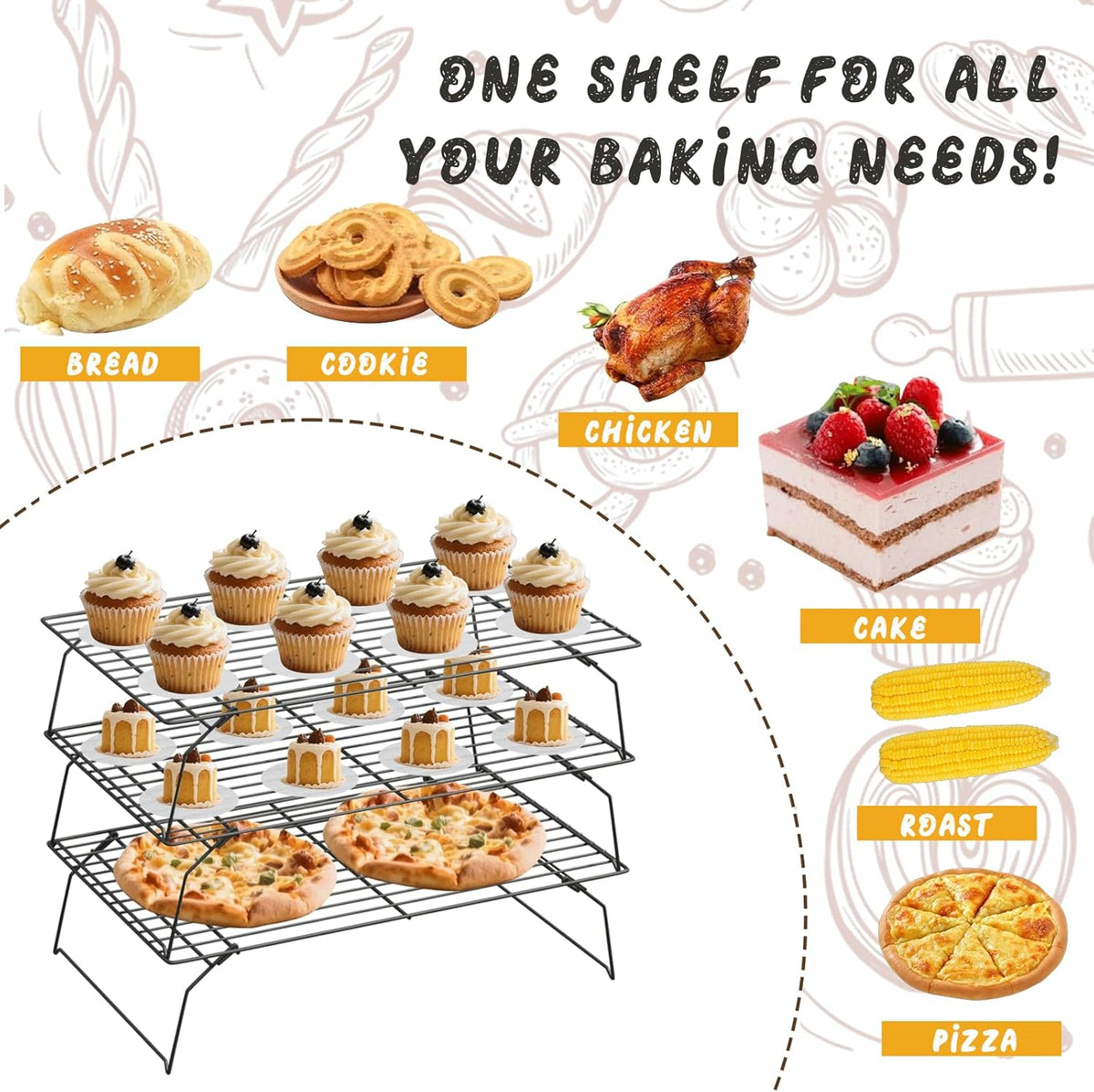 SHOUNAJIA Cooling Rack for Cooking and Baking, 3-Tier Stackable Wire Cooling Rack with Legs for Cooling Cookie, Pizza, Cake, Round Baking Paper 100 Pcs, 16" x 10", M
