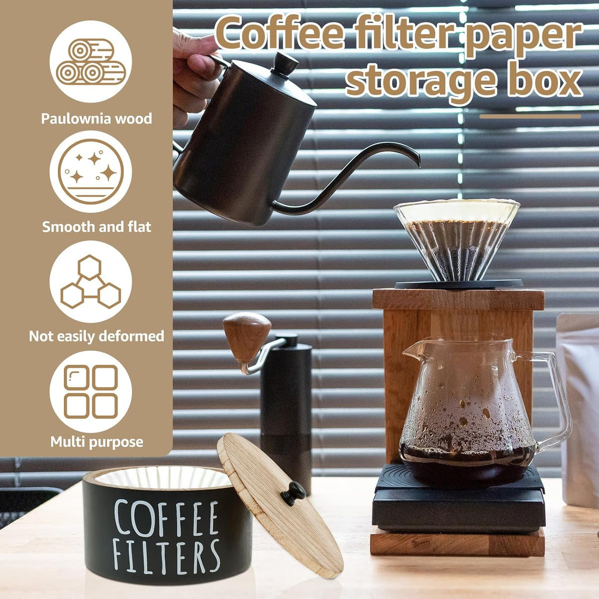 Wooden Coffee Filter Holder & Storage Organizer - Large Capacity Rustic Coffee Filter Dispenser with Bamboo Lid, Multipurpose Coffee Pod & Filter Basket for Bar Counter, Kitchen, or Coffee Bar Decor