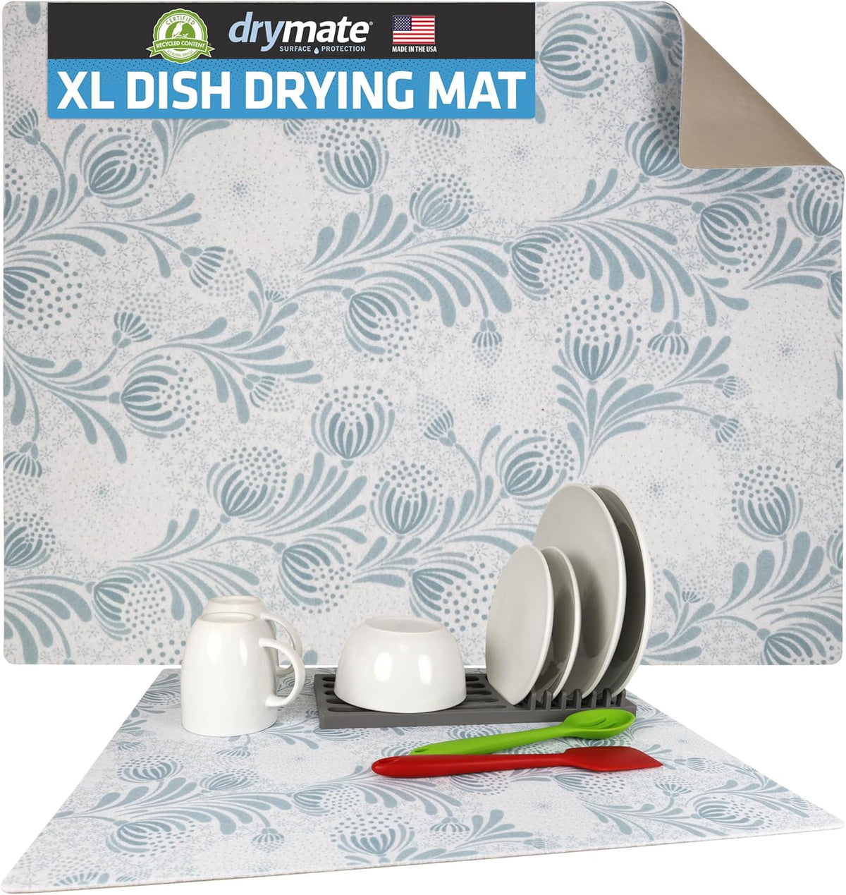 Drymate XL Dish Drying Mat, Oversized (19”x24”), Low-Profile, Super Absorbent, Quick Dry Fabric, Waterproof & Slip-Resistant, for Kitchen Counter, Trimmable, Easy to Clean (USA Made)(Light Blue)