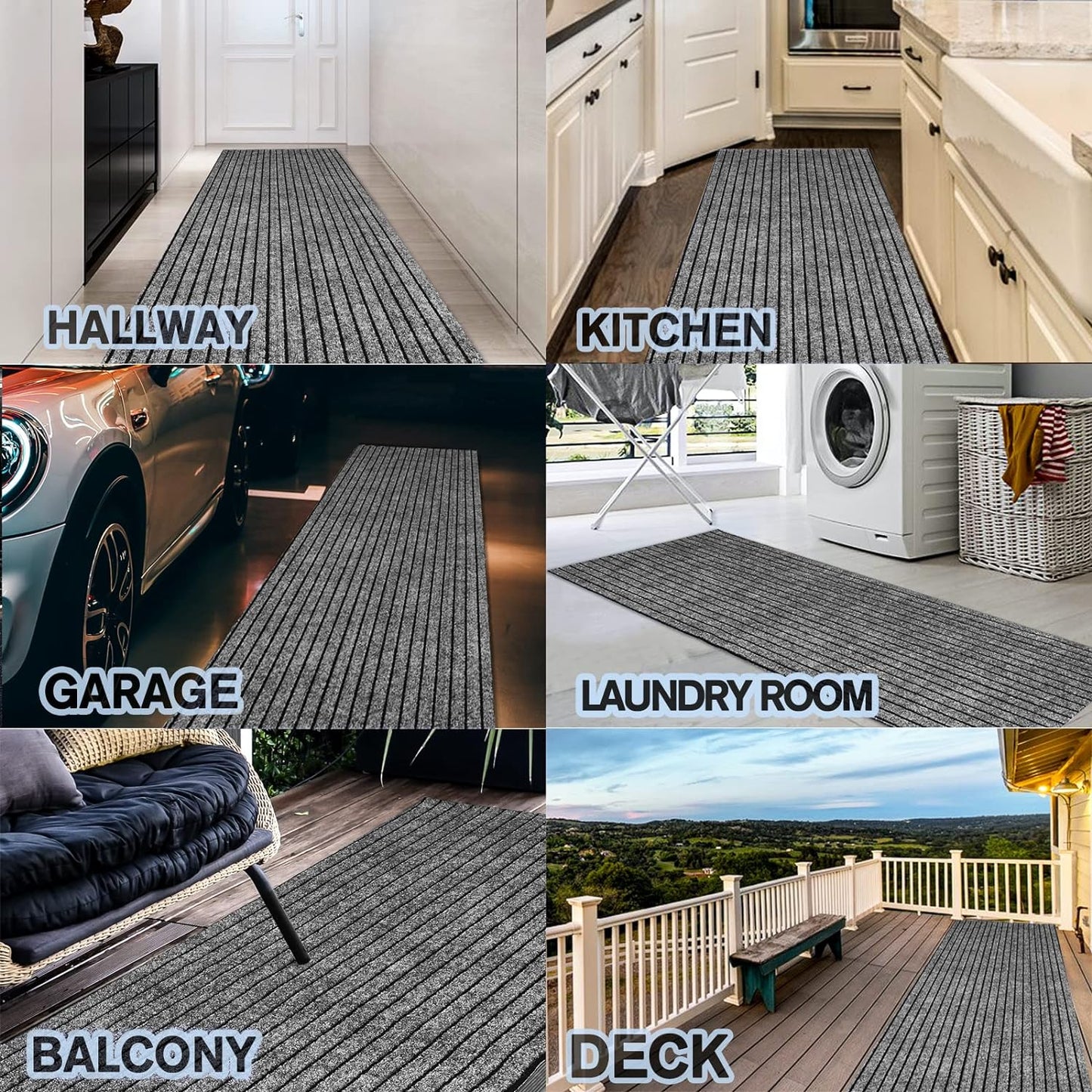 Custom Size Backed Non-Slip Area Rugs Runner, Easy Clean, Waterproof Runner Rugs for Hallway Entryway, Kitchen, Laundry, 2FT x 42FT, Gray Stripe