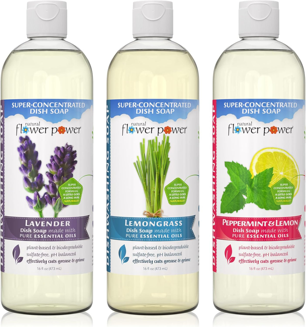 Plant-Derived Dish Soap - Sulfate-Free, Bio-Based, pH-Balanced, Vegan Cleaning Supplies - Variety Pack - Lavender + Lemongrass + Peppermint & Lemon - 3 x 16 oz