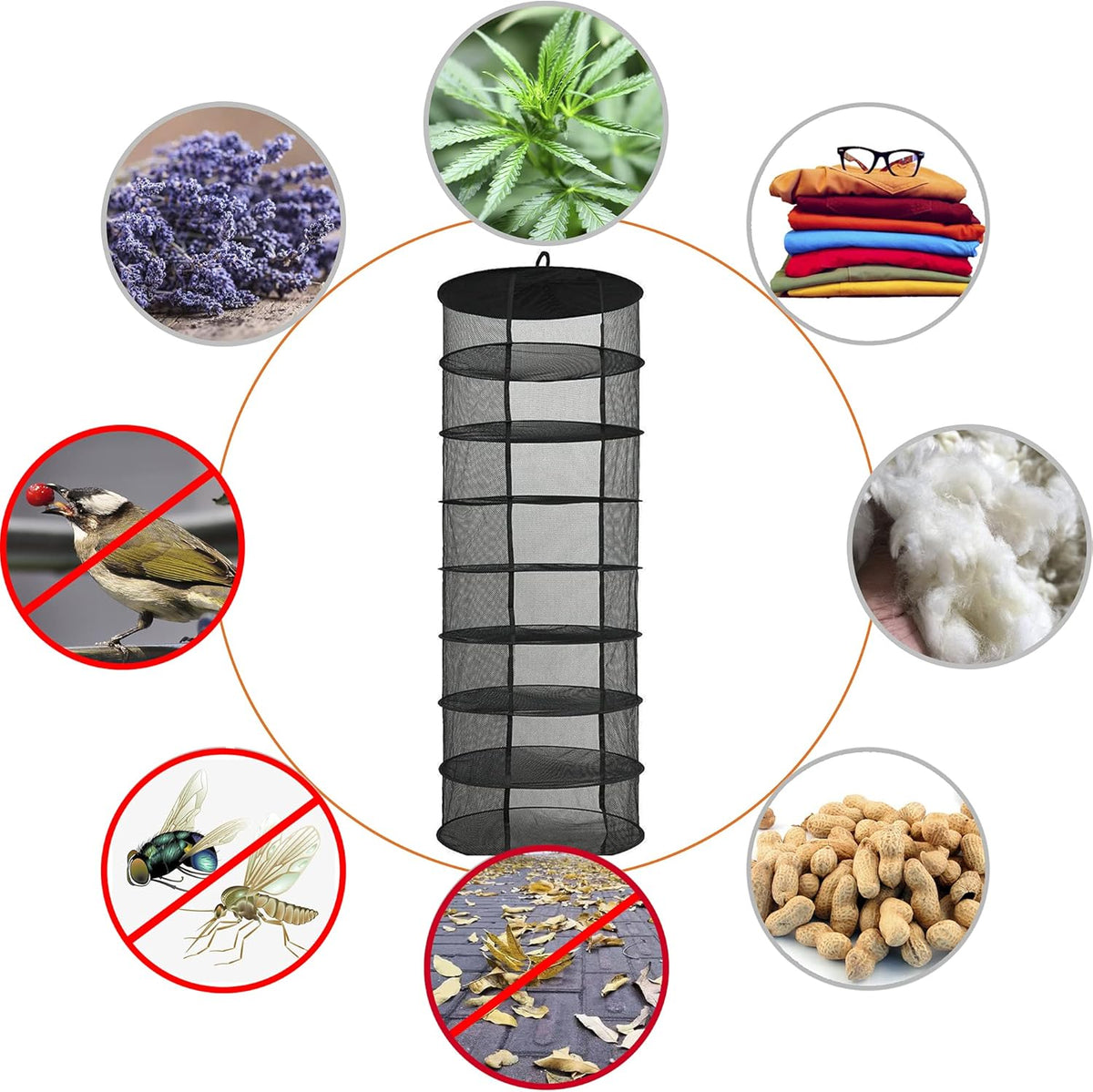 Desy & Feeci Herb Drying Rack Hanging, 8 Layer Collapsible Mesh Dry Net Herb Dryer with S Hang Buckle and Storage Bag, Black (Diameter 60 cm)