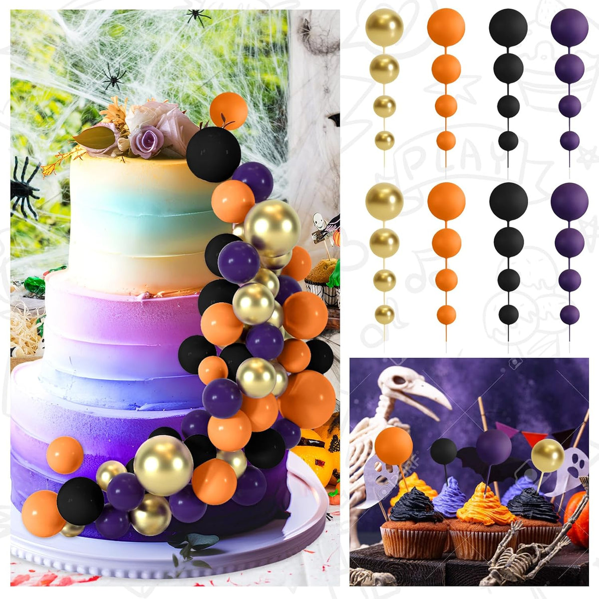 48 Pcs Balls Cake Topper Decorations Balloon Cupcake Toppers Foam Cake Topper Balls Cake Balls Decorations for Halloween Birthday Party Wedding Cake Decorating(Purple,Black,Orange,Gold)