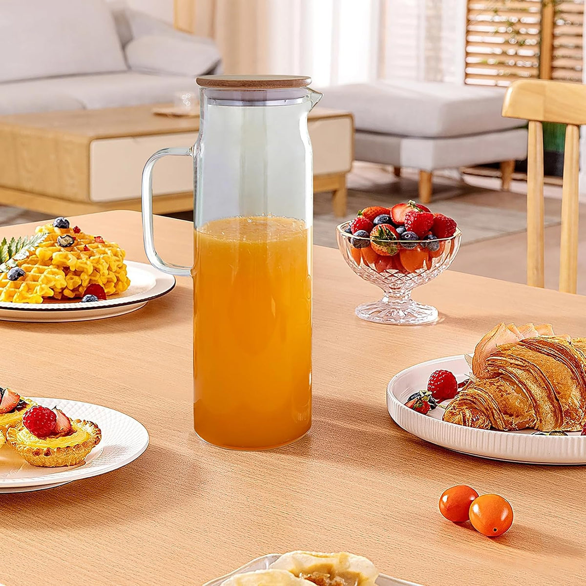 50oz Glass Pitcher with Lid, Glass Water Carafe with Handle, Fridge Water Jug Cold or Hot Beverages, Iced Tea, Milk, Juice (Set of 2)