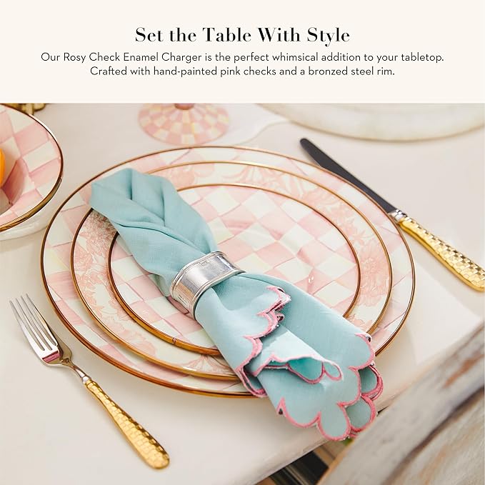 MACKENZIE-CHILDS Enamel Charger Plate, Charger Decoration for Dinner Plates or Home Decor, 12 Inches, Pink-and-White Rosy Check, Set of 1