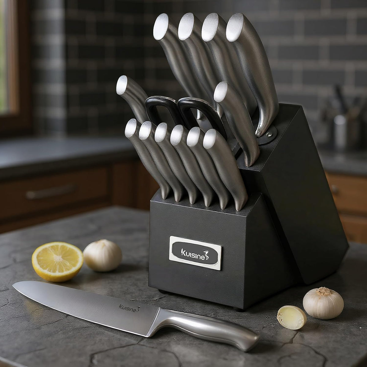 KUISINE Premium Chef Knife Set,High Carbon Stainless Steel Razor-sharp Blade Ergonomic Non-slip Steel Handle,Block Knife Set with Built-in Sharpener(Black Silver,15PCS)
