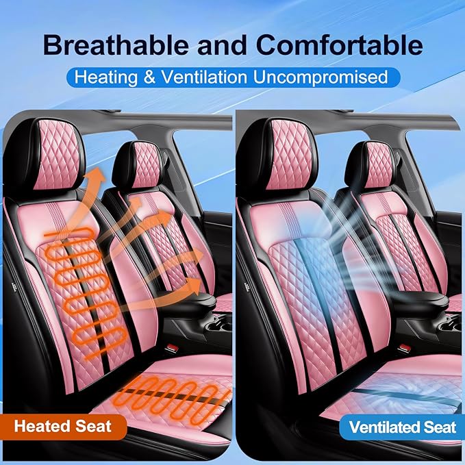 Fit Civic Car Seat Covers for Honda Civic 2020-2026 Sedan(Not for Coupe) - Premium Full Coverage Leather, Waterproof All Weather Breathable Seat Cushion Protector, Full Set, Black+Pink