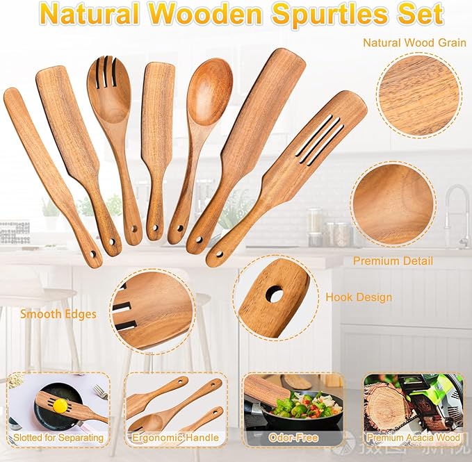 Spurtles Kitchen Tools Wooden, 7Pcs Wooden Spoons for Cooking, Natural Premium Spatula Set, Heat Resistant Cooking Utensil for Nonstick Cookware, Spurtle for Sourdough Starter