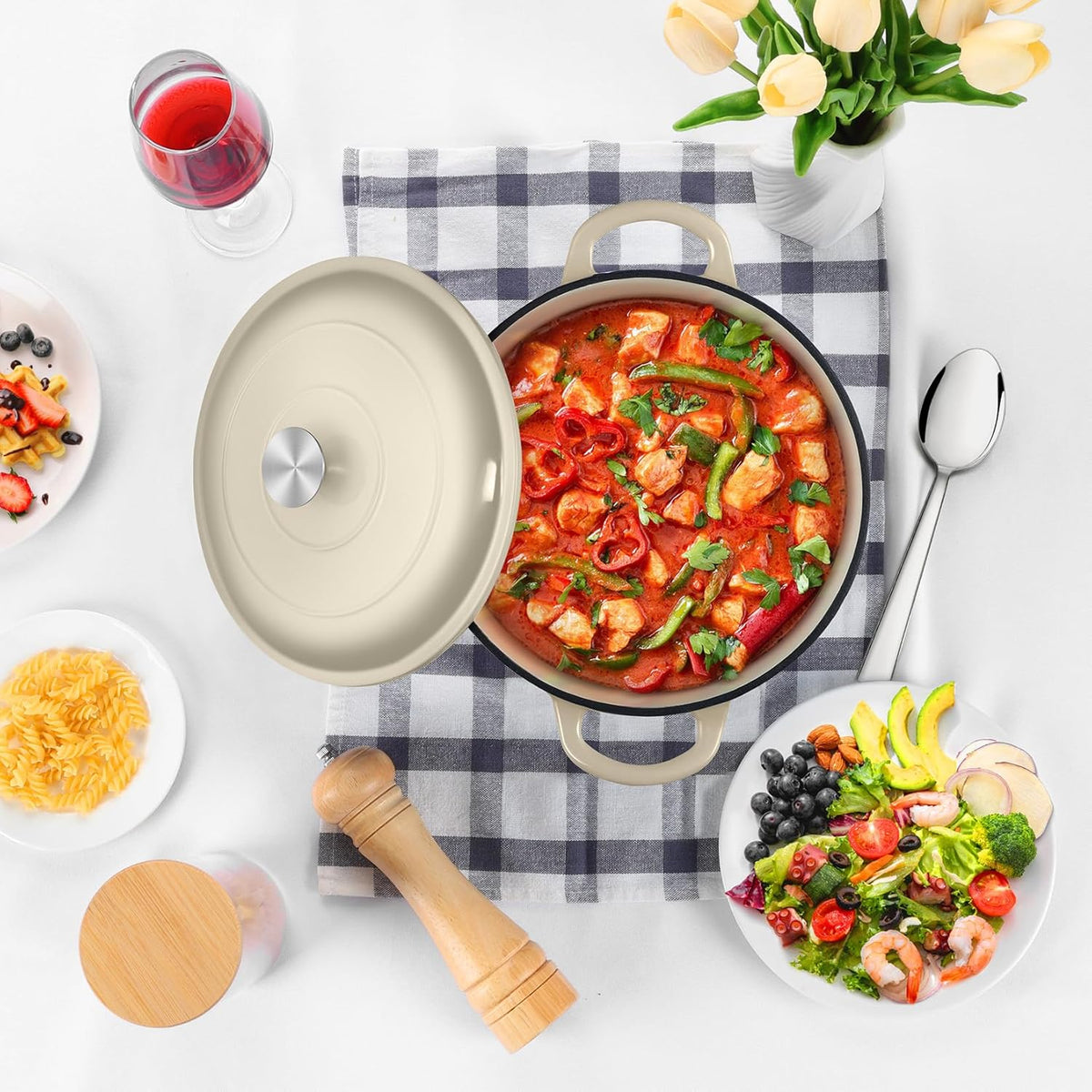 P&P CHEF 5QT Enameled Dutch Oven, Cast Iron Dutch Oven Pot with Lid for Bread Baking, Enameled Casserole Pot for Roasting Braising Stewing Frying Simmering, Various Stoves & Easy Clean, Khaki