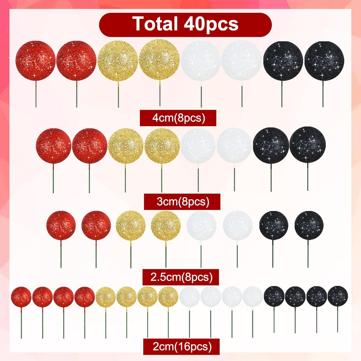 BEISHIDA 40 Pcs Foam Ball Cake Toppers with Sticks Mini Cake Decorations for Birthdays, Weddings, Baby Showers, DIY Baking Supplies, Anniversary Party (Red, Black, White，Gold)