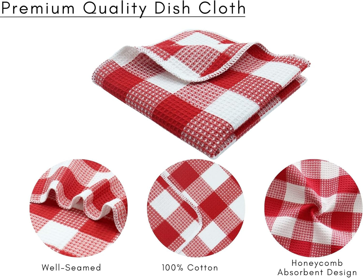 PurpleEssences Waffle Weave Plaid Dish Cloths, 100% Cotton - 12 x 12 Inches, Ultra Soft Absorbent Quick Drying Dish Towels Buffalo Check Dish Rags for Kitchen, 8 Pack - Spring Summer - Red & White