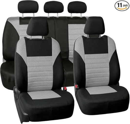 FH Group Automotive Car Seat Covers Full Set Premium 3D Air Mesh Front Seat Covers, Airbag Compatible & Split Bench Cover Universal Fit Interior Accessories for Cars Trucks and SUVs - Gray