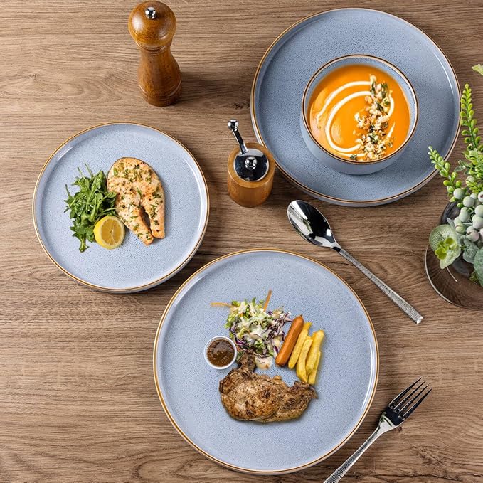 GBHOME Ceramic Dinnerware Sets for 4, 12 Pieces Stoneware Plates and Bowls Sets, Reactive Glaze Dishes -Scratch Resistant, Dishwasher&Microwave Safe-Brunnera Blue
