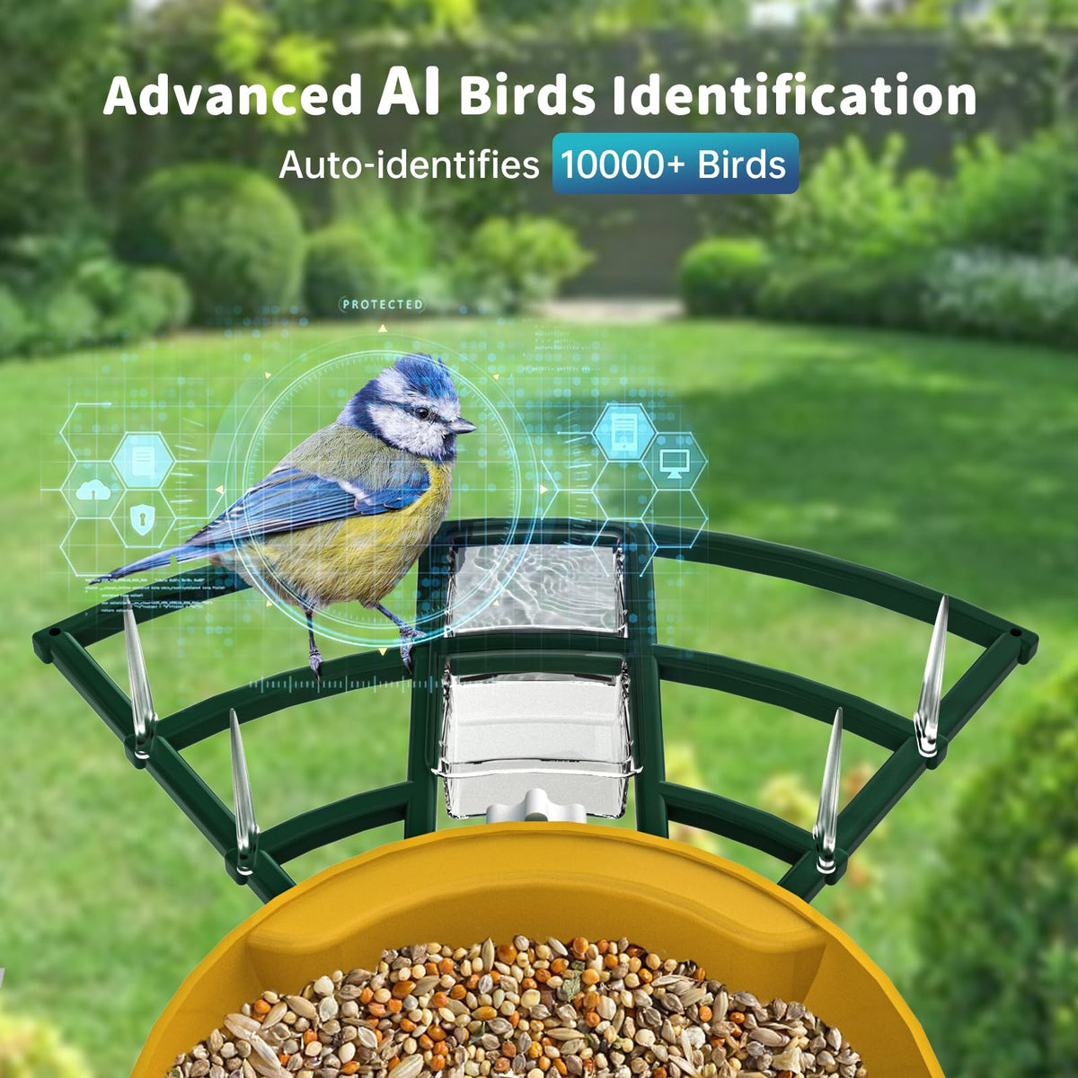 NAVFS Smart Bird Feeder with Camera Solar Powered & AI Bi rd Identification, 2.4Ghz WiFi Bird feeders for Outdoors, 2K Live Video, Instant Arrival Alerts-Green-Yellow