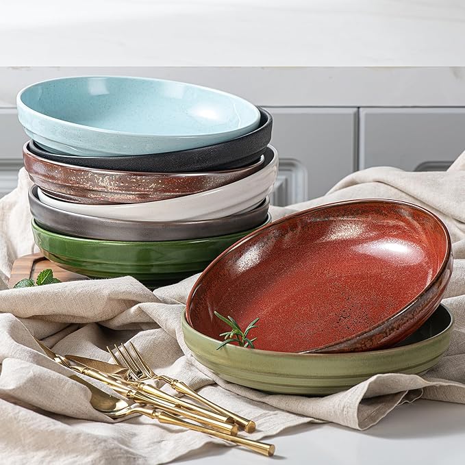 HAPPY KIT Stoneware Pasta Bowls, 9-inch, Set of 4, 42 oz, Reactive Glaze Large Salad Bowls, Scratch-Resistant Ceramic Serving Bowls, Four Colors