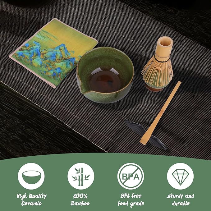 Matcha Whisk Set, 7Pcs Matcha Set Kit include Matcha Bowl, Matcha Whisk and Holder, Bamboo Scoop, Scoop Rest, Sifter and Tea Towel, Matcha Whisk and Bowl Set for Matcha Lovers and Beginers