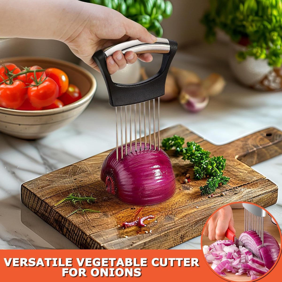 Bench Scraper Dough Chopper Onion Holder for Slicing Slicer Onion Cutter with Protective Cover and Anti-Slip Handle Stainless Steel Chopper for Potato, Tomato, Avocados, Eggs, Vegetable, Onions