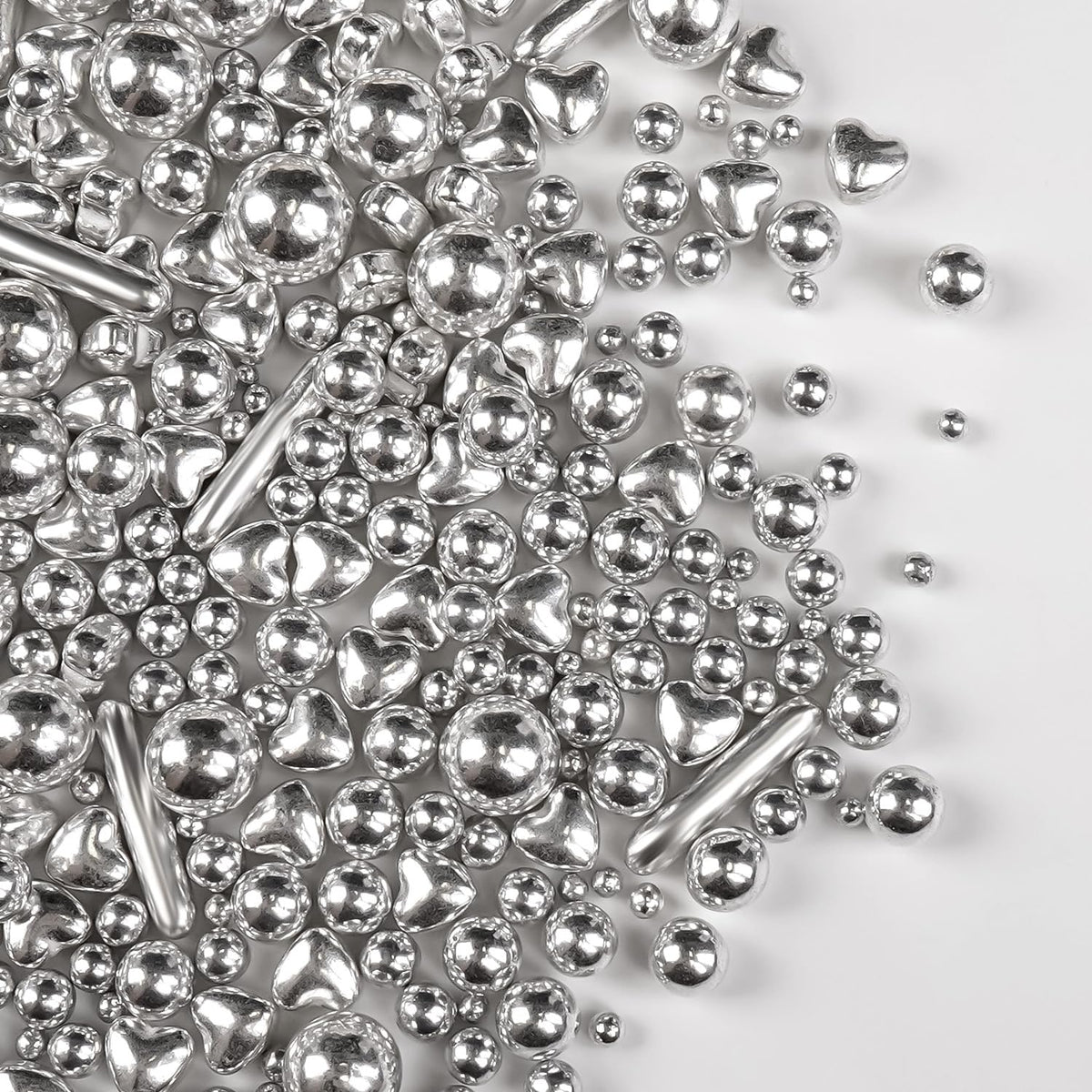 Silver Pearl Rods Heart Sprinkles, Baking Sugar, Silver Sprinkles for Cake, Mix Size, Cupcake Decoration, Holiday, Mother's Day, Wedding Party Supplies
