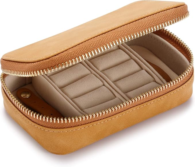 HISCOW Vegan Leather Travel Jewelry Case with Zipper - Portable Necklace & Earring Holder Organizer for Women Girls, Velvet-Lined Ring Box with Anti-Tarnish Design, Brown