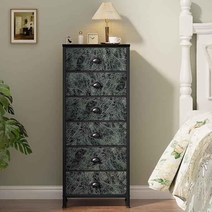 Furnulem Vertical Dresser for Bedroom,Tall Storage Tower Unit and Chest with 6 Drawers,Vintage Green Nightstand Furniture with Fabric Drawer Organizer in Dorm, Living Room,Closet,Entryway,Hallyway
