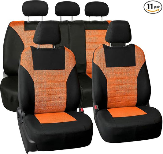 FH Group Automotive Car Seat Covers Full Set Premium 3D Air Mesh Front Seat Covers, Airbag Compatible & Split Bench Cover Universal Fit Interior Accessories for Cars Trucks and SUVs - Orange