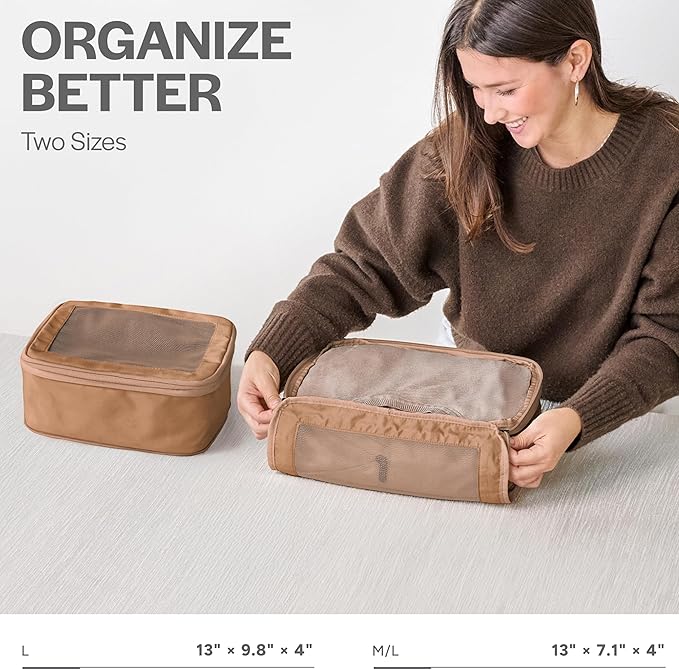 Aerotrunk Compression Packing Cubes for Travel - Luggage Organizer Bags - Double Zipper Packing Cubes for Suitcases (2-Pack, Mocha)