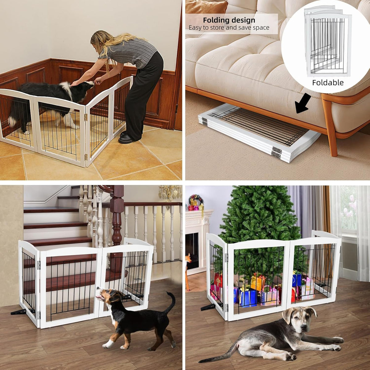 ZJSF Freestanding Dog Fence Indoor, Foldable Dog Gate for Doorways, Stairs or Hallways, Sturdy Wood Extra Wide Pet Gate with Support Feet for The House, White, 32 "Height-2 Panels