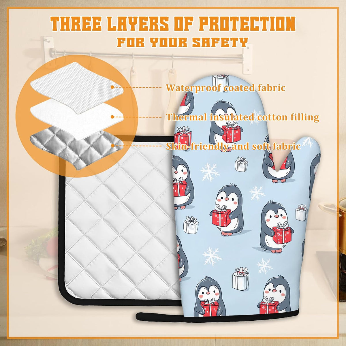 Christmas Cute Penguin Oven Mitts and Pot Holders Set,Snowflakes Kitchen Decor Heat Resistant Non Slip Hot Pads and Oven Mitt for Chef Cooking Baking BBQ Mom Girl Gifts(4 Piece Set)