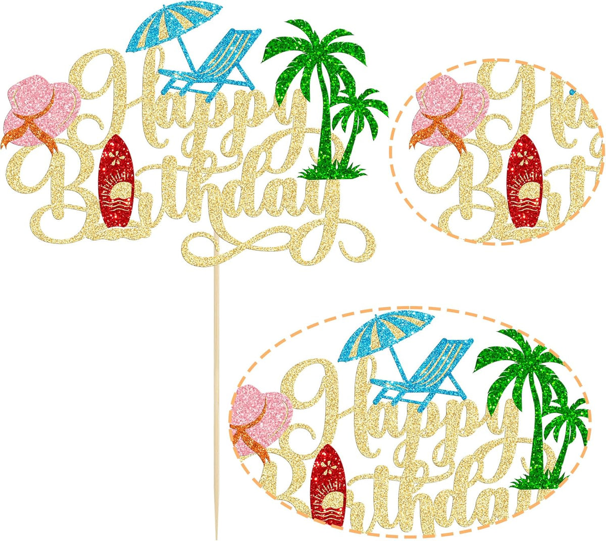 Gyufise 1Pcs Summer Beach Happy Birthday Cake Topper Glitter Ball Tree Umbrella Pool Cake Pick for Hawaiian Holiday Baby Shower Birthday Party Cake Decorations Supplies Gold