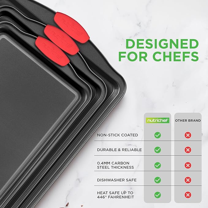 NutriChef 3-Piece Cookie Sheets for Baking, Non-Stick Baking Pans Set with Silicone Handles, Stackable Oven Trays in Small, Medium & Large Sizes for Professional and Everyday Use, 2026 Edition