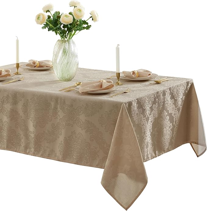 Newbridge Barcelona Luxury Damask Fabric Tablecloth, 70” Extra Wide x 126” Rectangle, Golden Beige, 100% Polyester, No Iron, Soil Resistant Dining Room, Party and Banquet Table Cover
