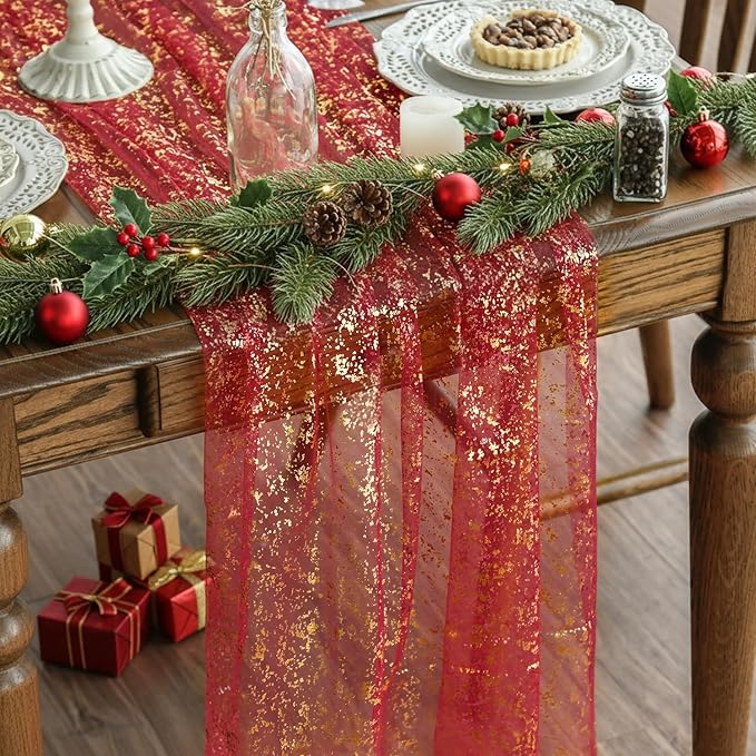 Artoid Mode 3PCS Red Gold Gauze Table Runner 120 Inch 10FT, Glitter Metallic Foil Sheer Dining Wedding Anniversary Holiday Table Decor for Home Party
