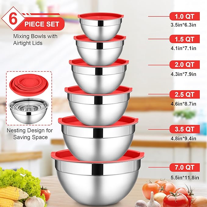 LIANYU 6 Pack Stainless Steel Mixing Bowls with Airtight Lids, Large Metal Nesting Salad Bowls, Ideal for Kitchen Prepping, Baking, Freezer Storage, Size 7, 3.5, 2.5, 2, 1.5, 1QT, Dishwasher Safe, Red