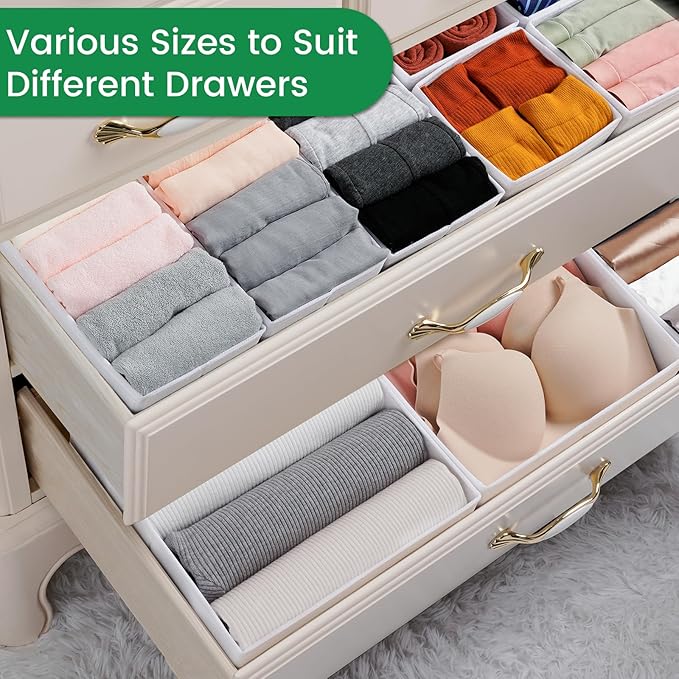Criusia 16 Pack Underwear Drawer Organizer, Drawer Organizer Clothes, Foldable Cloth Storage Box Closet Dresser Drawer Divider Organizer for Clothes, Scarves (White)