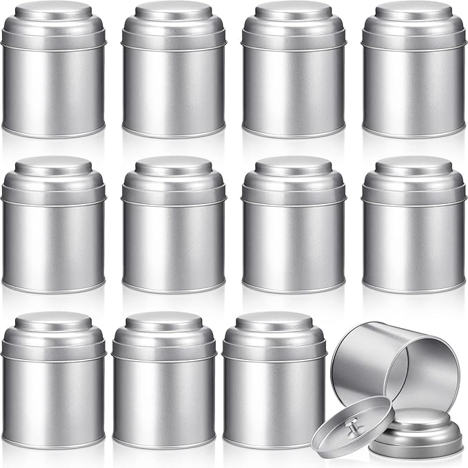 Meanplan 12 Pcs Tea Tin Canister with Airtight Double Lids Round Tin Can Box Small Kitchen Tea Canister Loose Leaf Storage Containers for Loose Bags Coffee Sugar Candy Spices(Silver,8 oz)