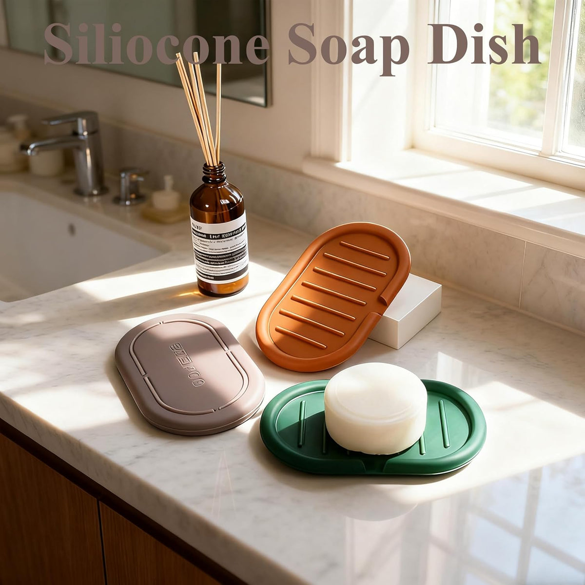 Self-Draining Oval-Shaped Silicone Soap Dish, Soap Holder/Tray/Saver for Shower, Bathroom, Kitchen, Keep Soap Dry, Easy to Clean (3, Dark Color)