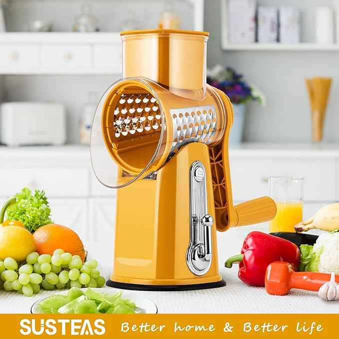 SUSTEAS Rotary Cheese Grater with Handle - Vegetable Shredder with 5 Well-designed Blades & Strong Suction Base,Round Mandoline Slicer & Food Chopper for Kitchen,with Blade Storage Box(Yellow)