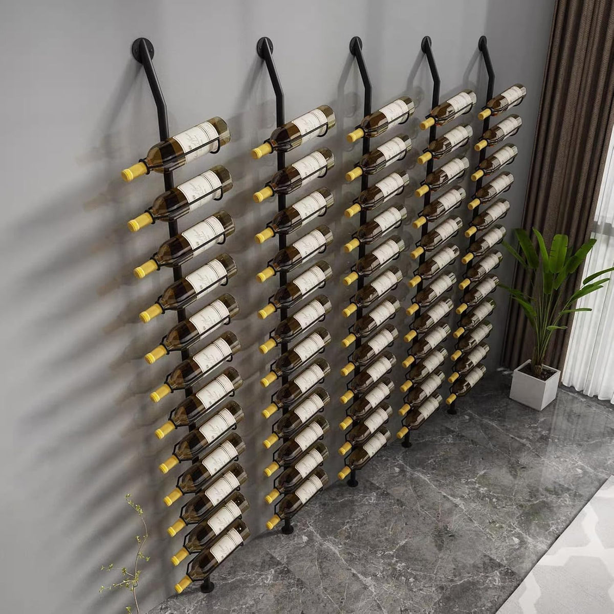 Wine Rack Wall Mounted, 72.8in High Metal Wine Bottle Holder for 12 Bottles, Kitchen Organization and Wine Storage for Commercial Restaurants Pantry Bar Wine Cellar (Black, Five rows-60 Bottles)