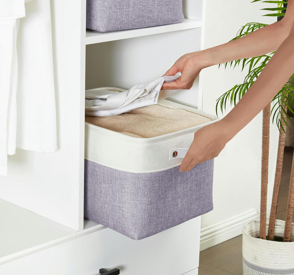 DECOMOMO Storage Baskets for Shelves - Fabric Storage Bins, Linen Closet Organizers and Storage (Purple & White, Large - 3 Pack)
