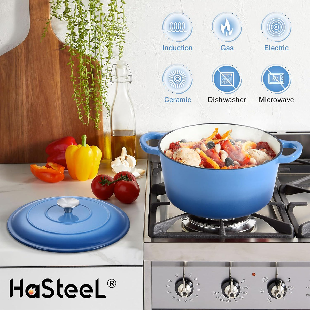 Small 3 Quart Dutch Oven, HaSteeL Round Cast Iron Cooking Pot with Lid, Nonstick Enameled Cookware for Sourdough Bread Baking Roasting Stewing Braising Frying, Heavy Duty & Oven Safe 500℉, Blue