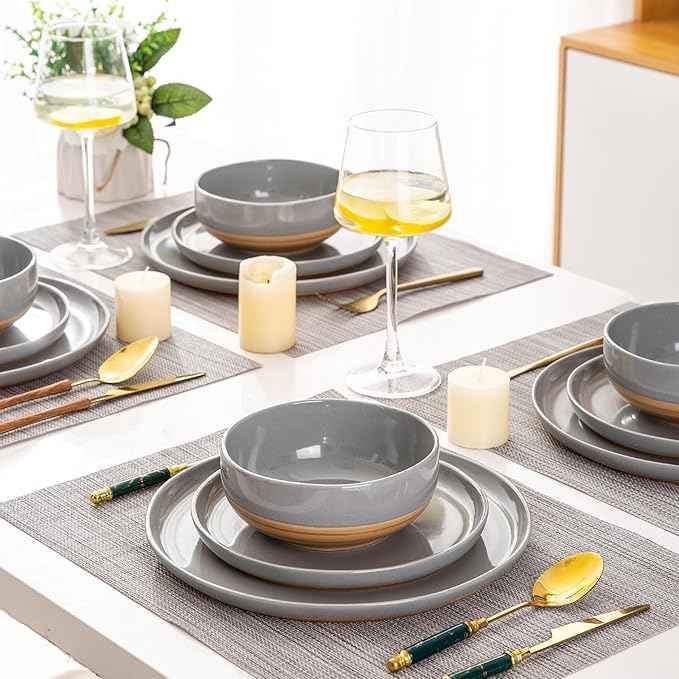 AmorArc Ceramic Dinnerware Sets for 4, 12 Pieces Handpainted Plates and Bowls Set with Rustic Terracotta Underside, Scratch Resistant Stoneware Dishes Set, Dishwasher & Microwave Safe, Gray