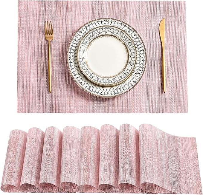 Leetaltree Misty Rose Placemats Set of 8 - Heat Resistant Non-Slip Place mats for Dining Table, Washable Durable PVC Vinyl Woven Table Mats（Misty Rose, 8）