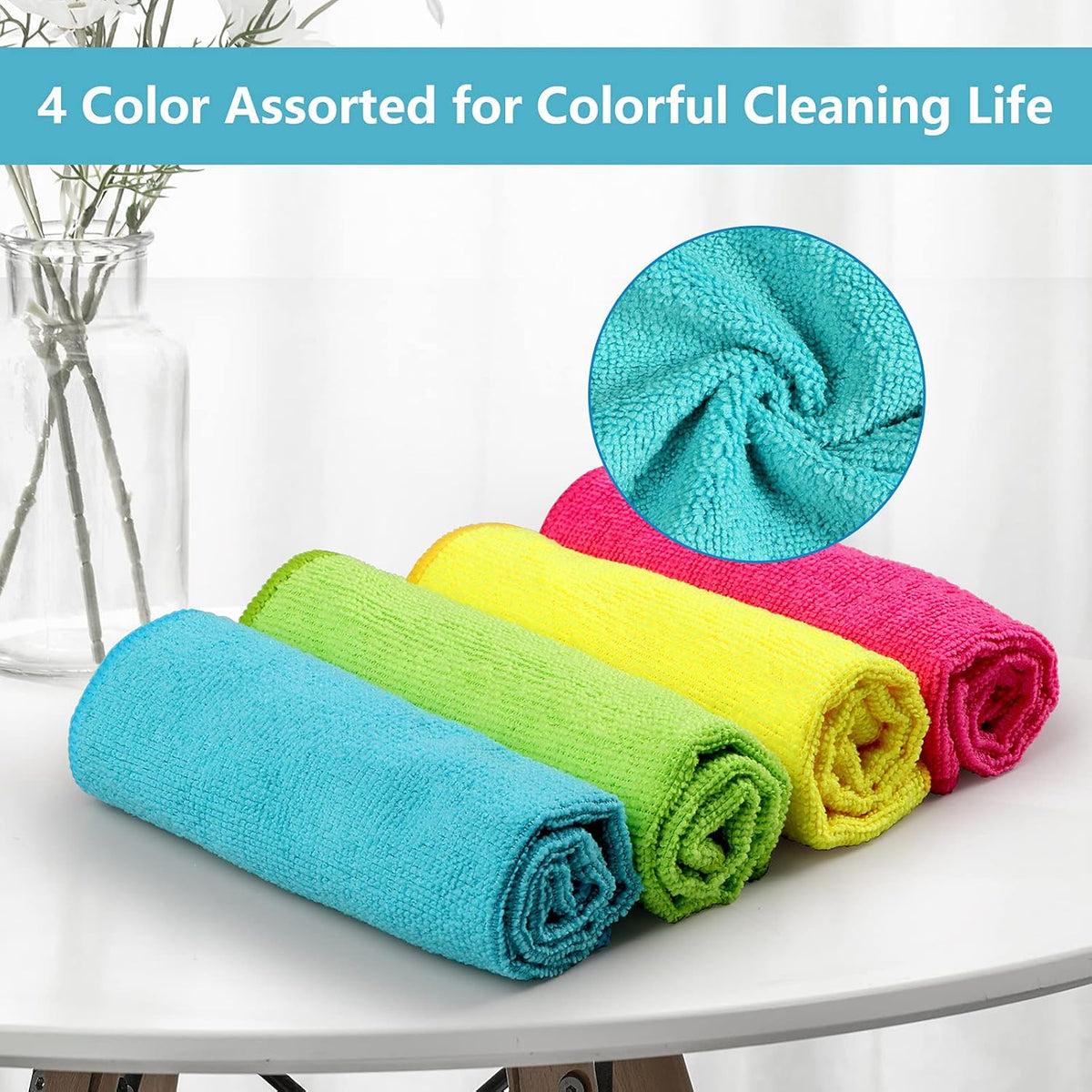 HOMEXCEL Microfiber Cleaning Cloth, 24 Pack Cleaning Rags, Cleaning Towels with 4 Color Assorted, 11.5"X11.5"(Green/Blue/Yellow/Pink)