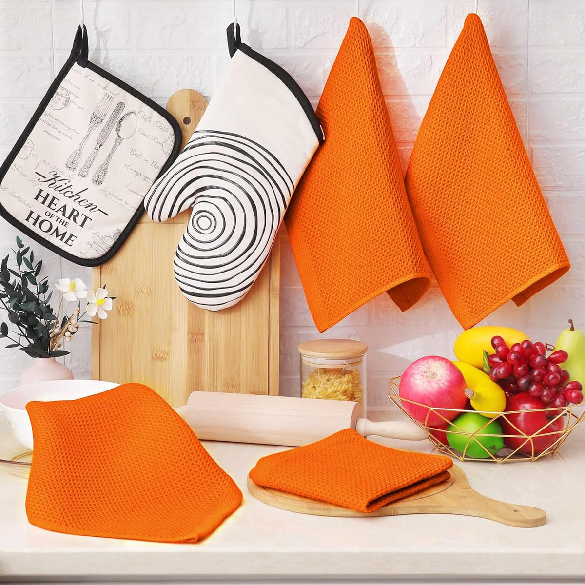 Homaxy 100% Cotton Waffle Weave Kitchen Dish Cloths, Ultra Soft Absorbent Quick Drying Dish Towels, 12 x 12 Inches, 12-Pack, Orange